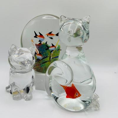 LOT 5: Art Glass Aquarium Paperweight, Maurano Style Art Glass Cat with Goldfish and a Princess House Art Glass Cat