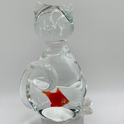 LOT 5: Art Glass Aquarium Paperweight, Maurano Style Art Glass Cat with Goldfish and a Princess House Art Glass Cat