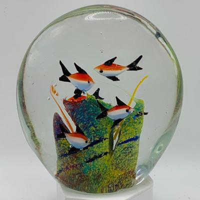 LOT 5: Art Glass Aquarium Paperweight, Maurano Style Art Glass Cat with Goldfish and a Princess House Art Glass Cat