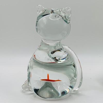 LOT 5: Art Glass Aquarium Paperweight, Maurano Style Art Glass Cat with Goldfish and a Princess House Art Glass Cat