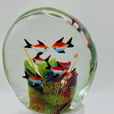 LOT 5: Art Glass Aquarium Paperweight, Maurano Style Art Glass Cat with Goldfish and a Princess House Art Glass Cat
