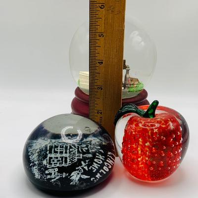 LOT 9: Lenox Glass Apple and Lincolns Home Glass Paperweight and a Philadelphia Snow Globe
