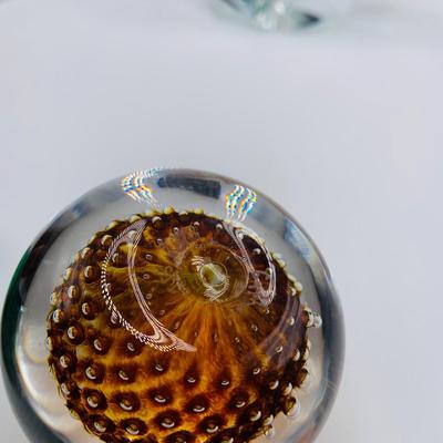 LOT 22: Amber Glass Swan, Signed Paperweight, ACC Crystal Art Glass Cat and Emerald Green Art Glass Paperweight