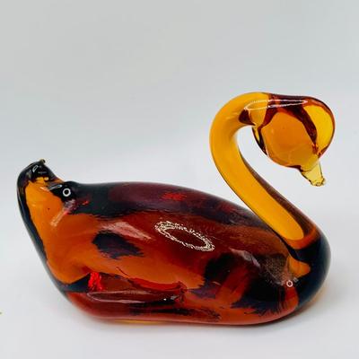 LOT 22: Amber Glass Swan, Signed Paperweight, ACC Crystal Art Glass Cat and Emerald Green Art Glass Paperweight