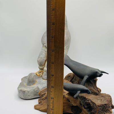 LOT GC: Inuit/Eskimo Hunter Ice Fishing Sculpture and John Perry Seal Sculpture