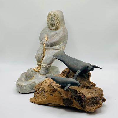 LOT GC: Inuit/Eskimo Hunter Ice Fishing Sculpture and John Perry Seal Sculpture