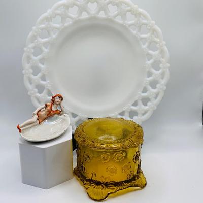 LOT 25: Kemble-Wheaton Glass Floral Glass Trinket Box, Westmorland Milk Glass Plate and Vintage Porcelain Ring Tray with a Bathing Beauty