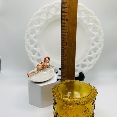 LOT 25: Kemble-Wheaton Glass Floral Glass Trinket Box, Westmorland Milk Glass Plate and Vintage Porcelain Ring Tray with a Bathing Beauty