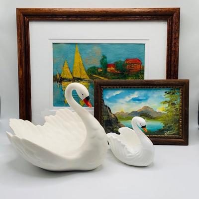 LOT 26: Seascapes and Swans - Set of Two (2) Swan Porcelain Dishes by Goebel and Other and Two (2) Framed Seascapes One by Raul Bancod