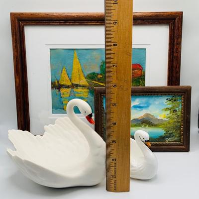 LOT 26: Seascapes and Swans - Set of Two (2) Swan Porcelain Dishes by Goebel and Other and Two (2) Framed Seascapes One by Raul Bancod