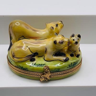 LOT 27: Trinkets and More Featuring Two (2) Limoges Hinged Cat Trinket Boxes, German Egg. Shaped Bavarian Hinged Box and More