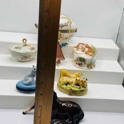 LOT 27: Trinkets and More Featuring Two (2) Limoges Hinged Cat Trinket Boxes, German Egg. Shaped Bavarian Hinged Box and More