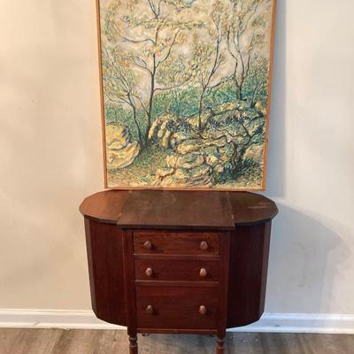 LOT 55: Martha Washington Sewing Table and Contents with Oil Painting