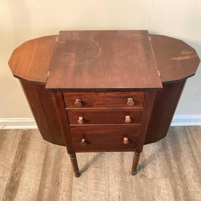 LOT 55: Martha Washington Sewing Table and Contents with Oil Painting