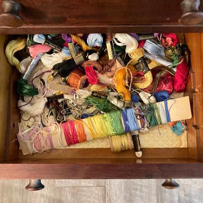 LOT 55: Martha Washington Sewing Table and Contents with Oil Painting