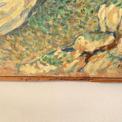 LOT 55: Martha Washington Sewing Table and Contents with Oil Painting