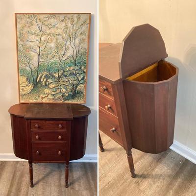 LOT 55: Martha Washington Sewing Table and Contents with Oil Painting