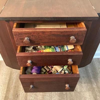 LOT 55: Martha Washington Sewing Table and Contents with Oil Painting