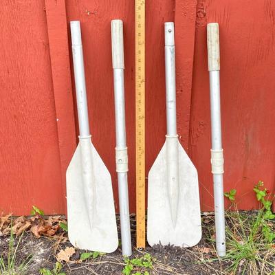 LOT 60: Crooked Creek Paddle Company Model C10765 Wooden Oars (NIP), Life Jackets, Metal / Plastic Oars and Fishing Net