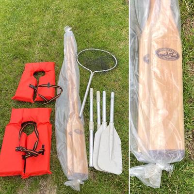 LOT 60: Crooked Creek Paddle Company Model C10765 Wooden Oars (NIP), Life Jackets, Metal / Plastic Oars and Fishing Net
