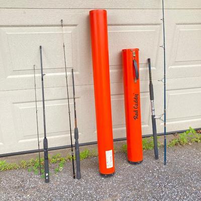 LOT 61: Vintage Rod Caddy Carrying Case with Three Fishing Rods (Daiwa Apollo, Shakespeare Ugly Stik and Storm)