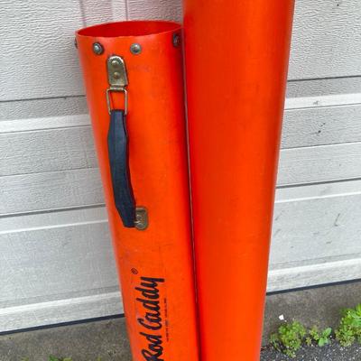 LOT 61: Vintage Rod Caddy Carrying Case with Three Fishing Rods (Daiwa Apollo, Shakespeare Ugly Stik and Storm)