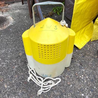 LOT 65: Fishing Gear - Wading Boots Size 10, Yellow Overalls, Cosom Flow - Troll Bait Bucket and More