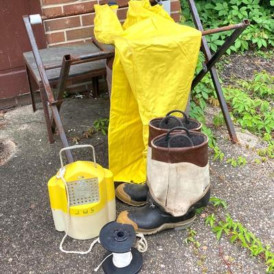 LOT 65: Fishing Gear - Wading Boots Size 10, Yellow Overalls, Cosom Flow - Troll Bait Bucket and More