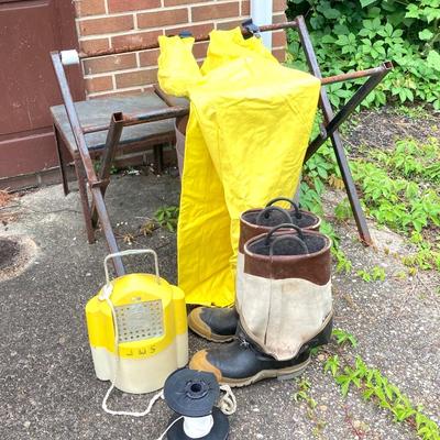 LOT 65: Fishing Gear - Wading Boots Size 10, Yellow Overalls, Cosom Flow - Troll Bait Bucket and More