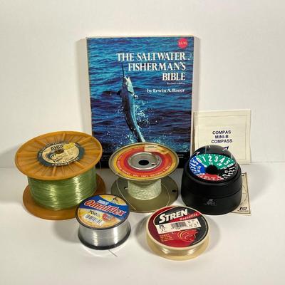 LOT 71: Plastimo Mini-B Compass in Original Box with Collection of Tackle, The Saltwater Fisherman's Bible and More