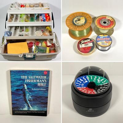 LOT 71: Plastimo Mini-B Compass in Original Box with Collection of Tackle, The Saltwater Fisherman's Bible and More