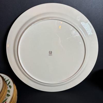 LOT 84: Lenox Christmas Holly Berry Collection: Dessert Plates, Teacups & Saucers, Serving Plates