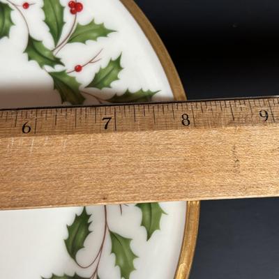 LOT 84: Lenox Christmas Holly Berry Collection: Dessert Plates, Teacups & Saucers, Serving Plates