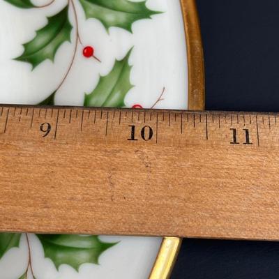LOT 84: Lenox Christmas Holly Berry Collection: Dessert Plates, Teacups & Saucers, Serving Plates