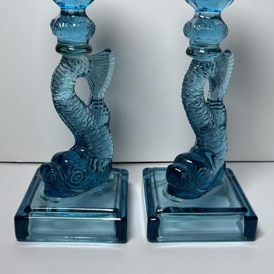 LOT 86: Pair of Fabulous Aqua Blue Koi Fish Candlesticks