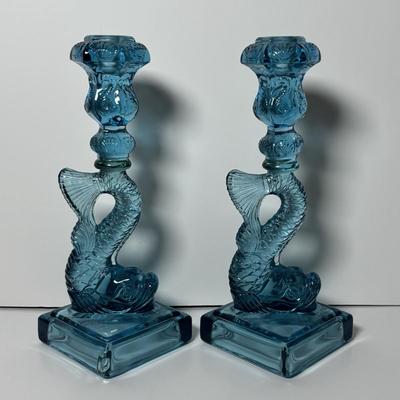 LOT 86: Pair of Fabulous Aqua Blue Koi Fish Candlesticks
