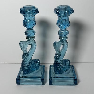 LOT 86: Pair of Fabulous Aqua Blue Koi Fish Candlesticks