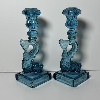 LOT 86: Pair of Fabulous Aqua Blue Koi Fish Candlesticks
