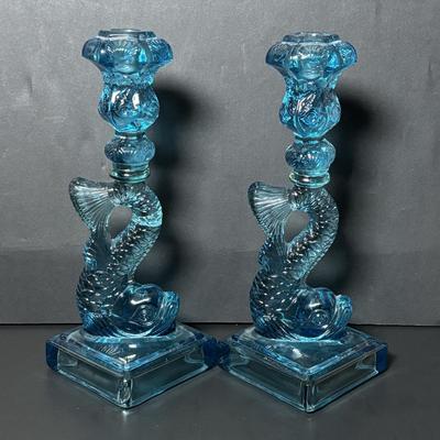 LOT 86: Pair of Fabulous Aqua Blue Koi Fish Candlesticks