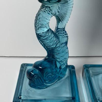 LOT 86: Pair of Fabulous Aqua Blue Koi Fish Candlesticks