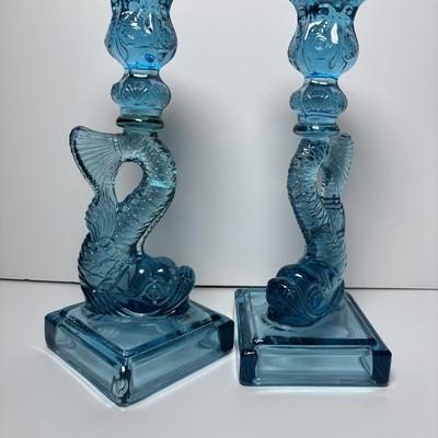 LOT 86: Pair of Fabulous Aqua Blue Koi Fish Candlesticks