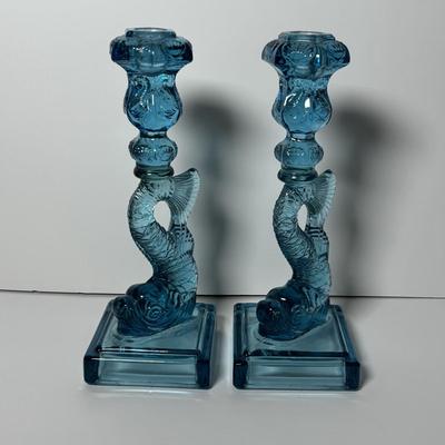 LOT 86: Pair of Fabulous Aqua Blue Koi Fish Candlesticks