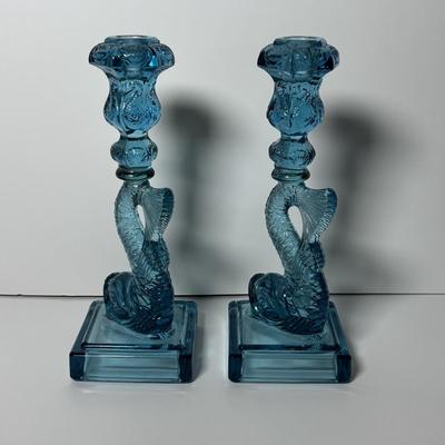 LOT 86: Pair of Fabulous Aqua Blue Koi Fish Candlesticks