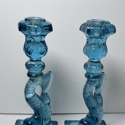 LOT 86: Pair of Fabulous Aqua Blue Koi Fish Candlesticks