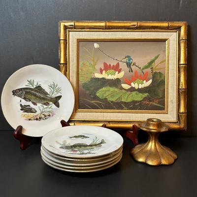 LOT 87: Vintage Bavaria, Germany Trout Plates, Signed Lotus Flowers/Bird Painting & Freeman & McFarlin Ceramic Candlestick