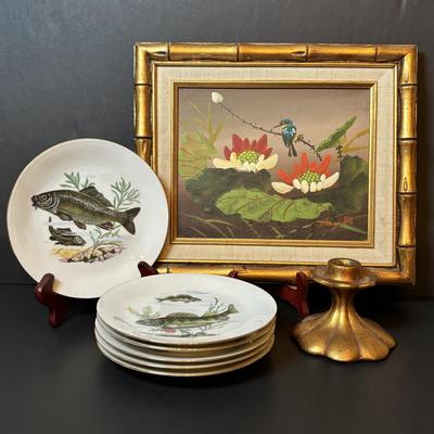 LOT 87: Vintage Bavaria, Germany Trout Plates, Signed Lotus Flowers/Bird Painting & Freeman & McFarlin Ceramic Candlestick