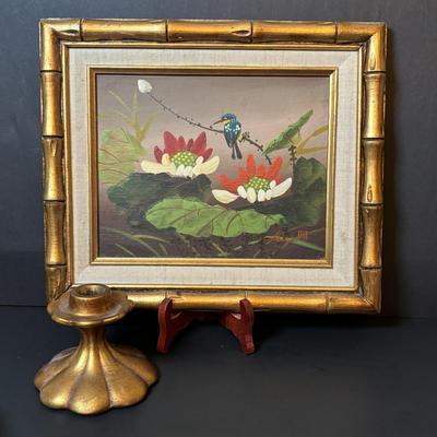 LOT 87: Vintage Bavaria, Germany Trout Plates, Signed Lotus Flowers/Bird Painting & Freeman & McFarlin Ceramic Candlestick