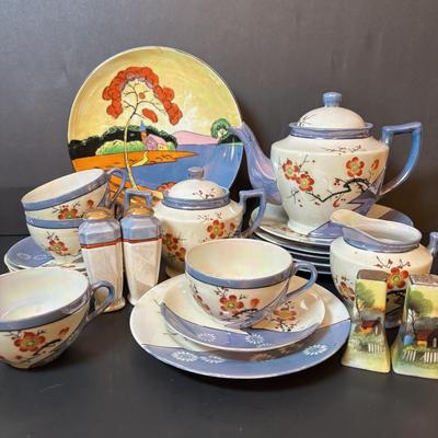 LOT 88: Collection of Hand Painted China including a Tea Set, Salt/Pepper Shakers & Decorative Plate