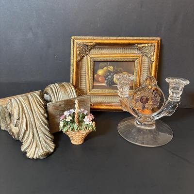 LOT 89: Home Decor Wall Sconces/Shelves & Still Life Print, Capodimonte Basket of Flowers,Glass Dual Light Candlestick/Holder...
