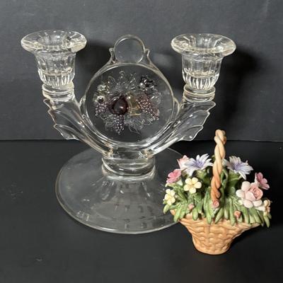 LOT 89: Home Decor Wall Sconces/Shelves & Still Life Print, Capodimonte Basket of Flowers,Glass Dual Light Candlestick/Holder...